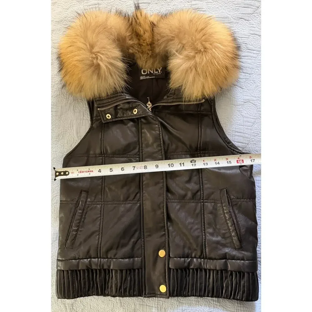 Women's Only Unique Appearance Black‎ Leather Vest Fox Removable Collar Sz XS